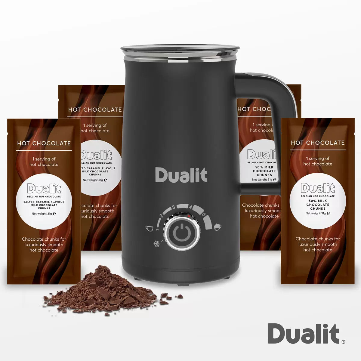 Dualit Milk Frother & Hot Chocolate Maker Max with 4 x Single Serve Belgian Chocolate Sachets , 10140
