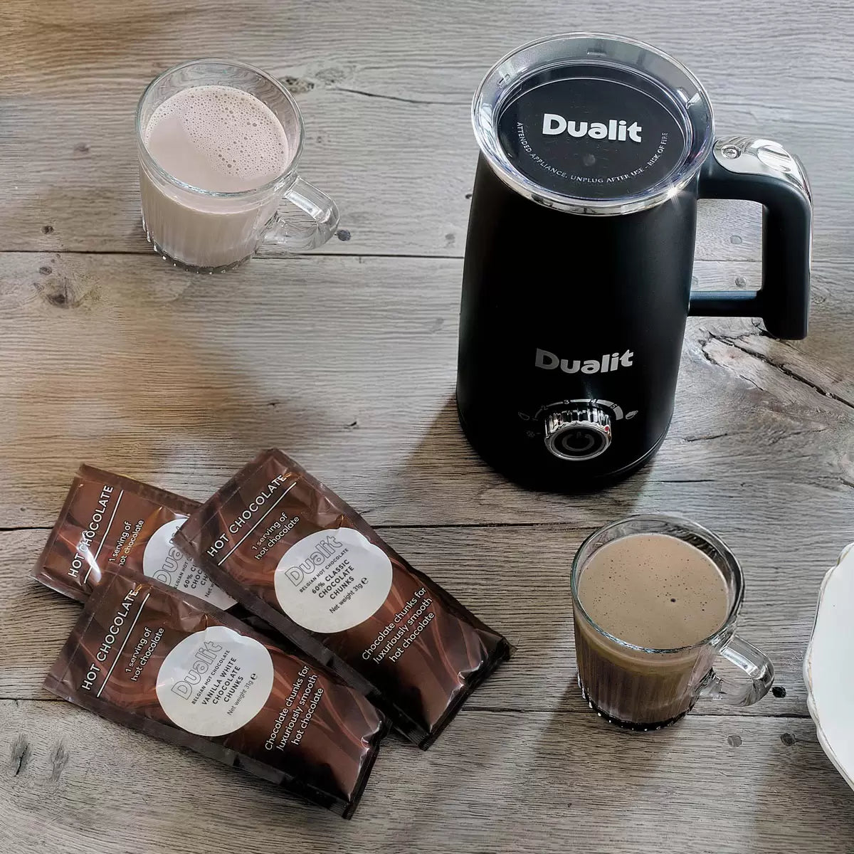 Dualit Milk Frother & Hot Chocolate Maker Max with 4 x Single Serve Belgian Chocolate Sachets , 10140