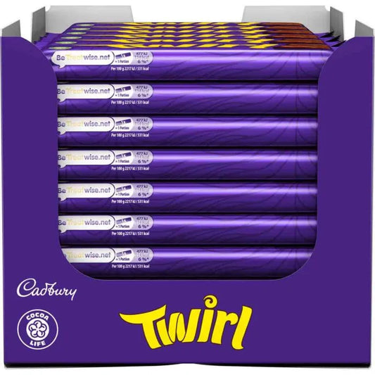 Packaging of Cadbury Twirl chocolate bars with purple and yellow design.