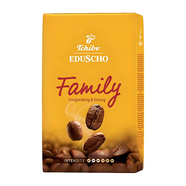 Tchibo Eduscho Family coffee package with coffee beans on a yellow background