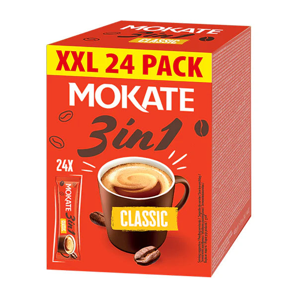 Mokate 3in1 coffee packaging with a red box and yellow text on a white background