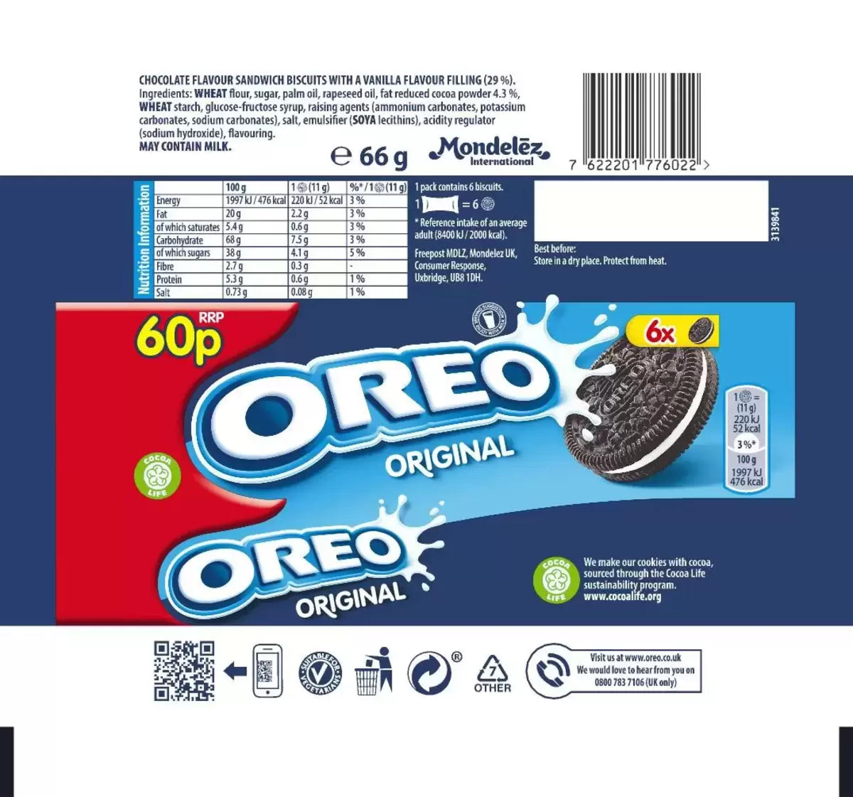 Oreo Original Sandwich Biscuit Snack Pack 20x66g