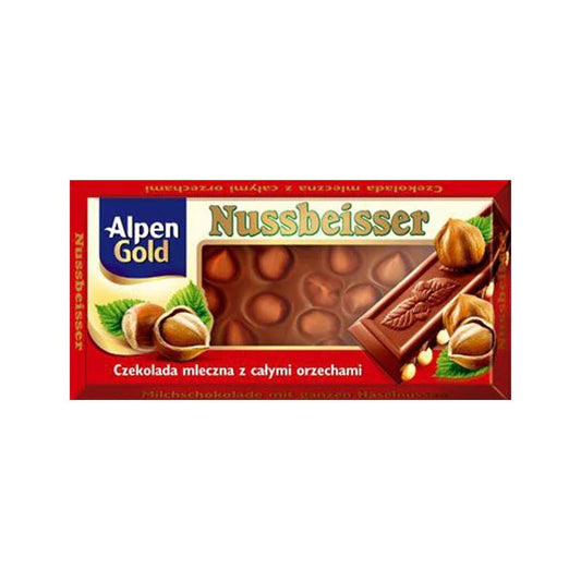 Alpen Gold Nussbeisser chocolate bar packaging on a white background